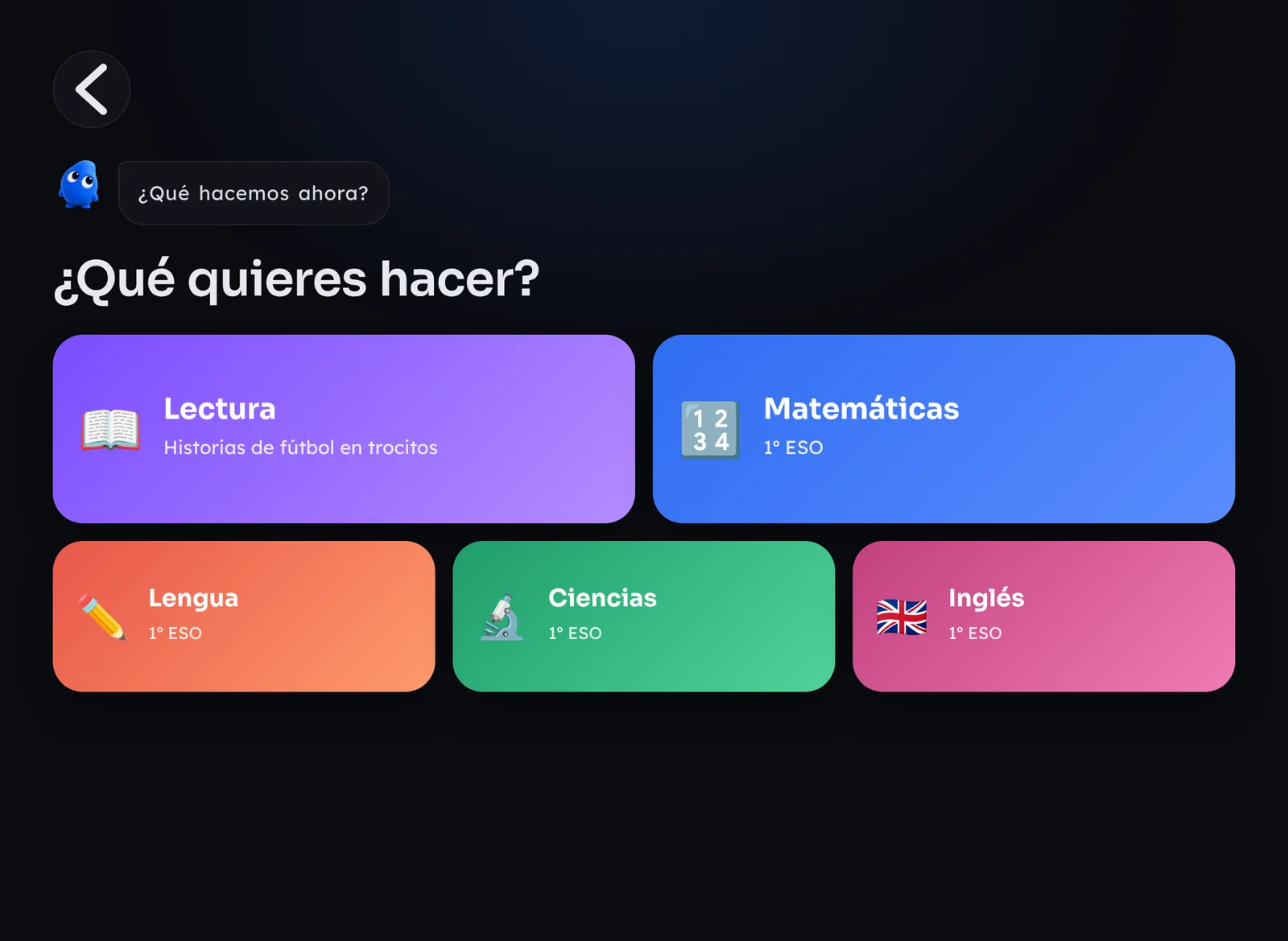 Pantalla para elegir asignatura: Lectura, Matemáticas, Lengua, Ciencias e Inglés
