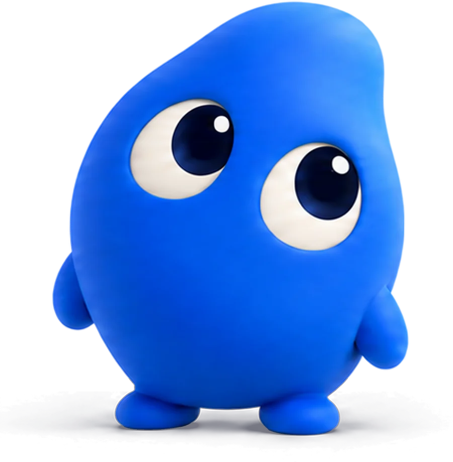 Curio, el tutor, un personaje azul sonriente