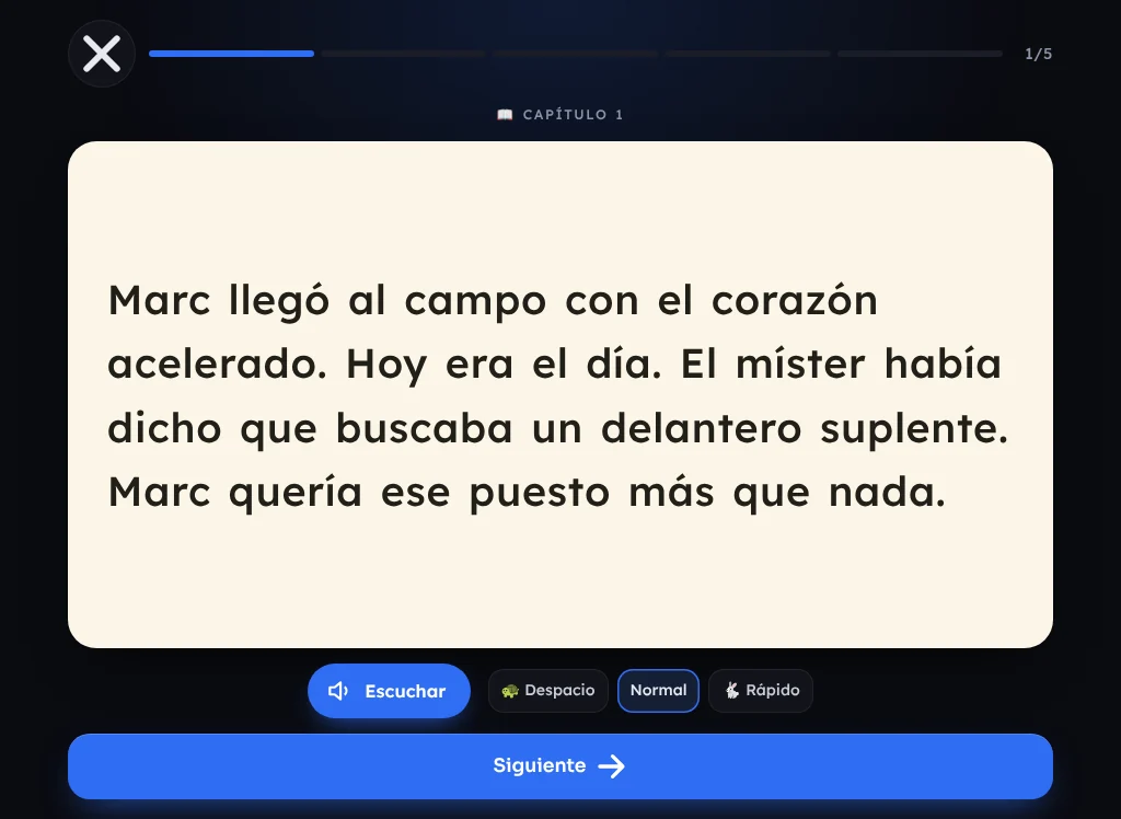 Modo lectura de Curio: una historia de fútbol en letra grande con botón para escuchar